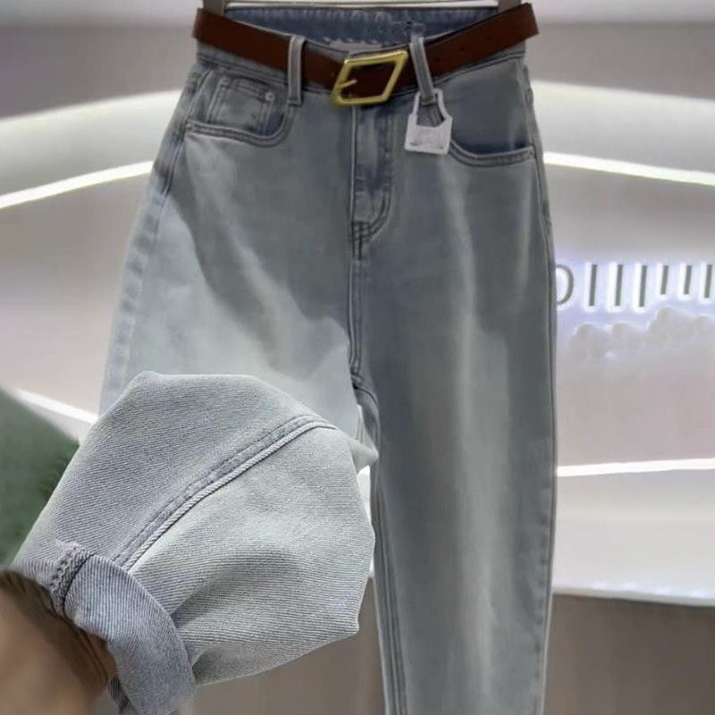 浅蓝色哈伦牛仔裤女春秋高腰梨形身材直筒显瘦复古九分裤老爹裤