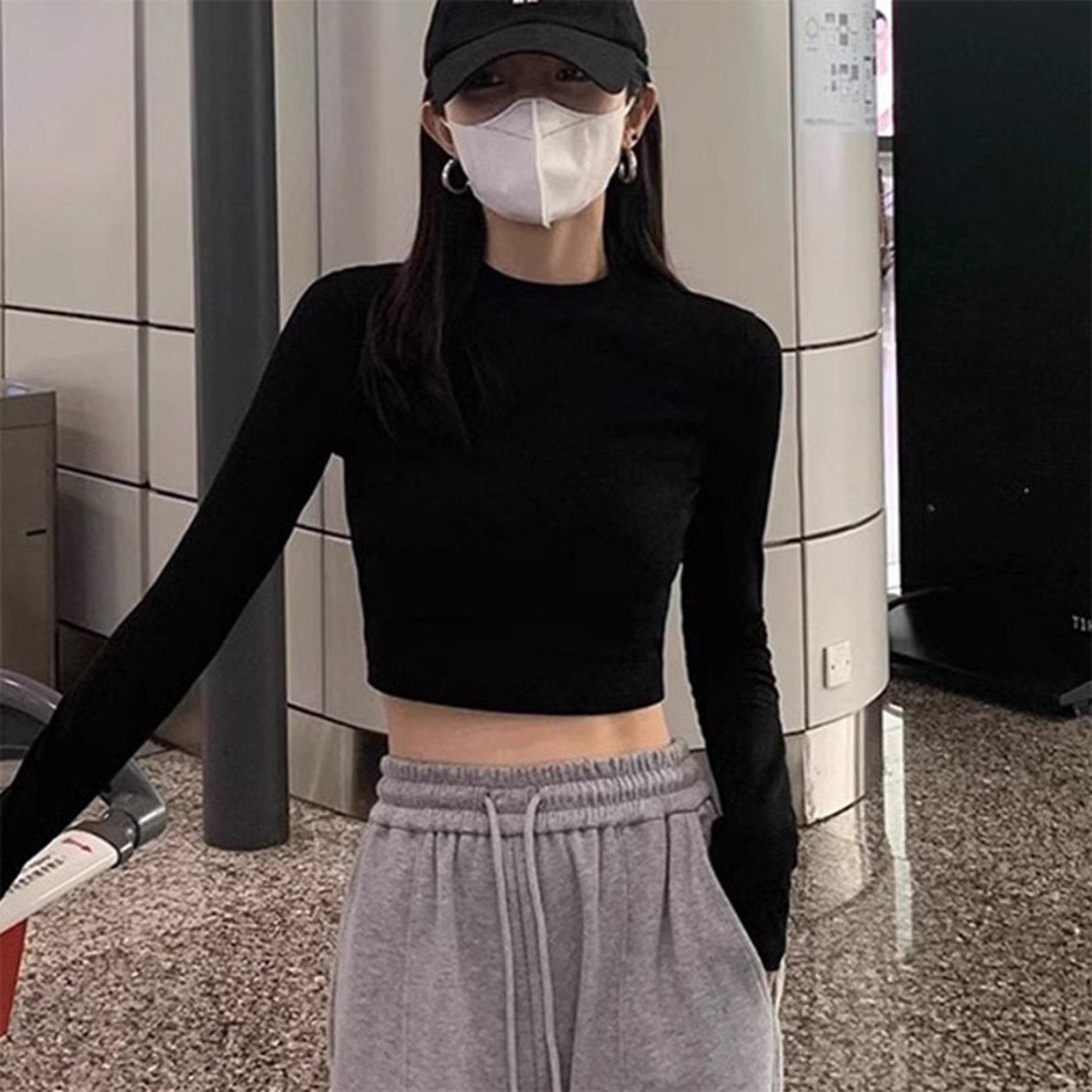 黑色高腰短款纯棉打底衫T恤女2024春秋新款紧身内搭甜酷长袖上衣
