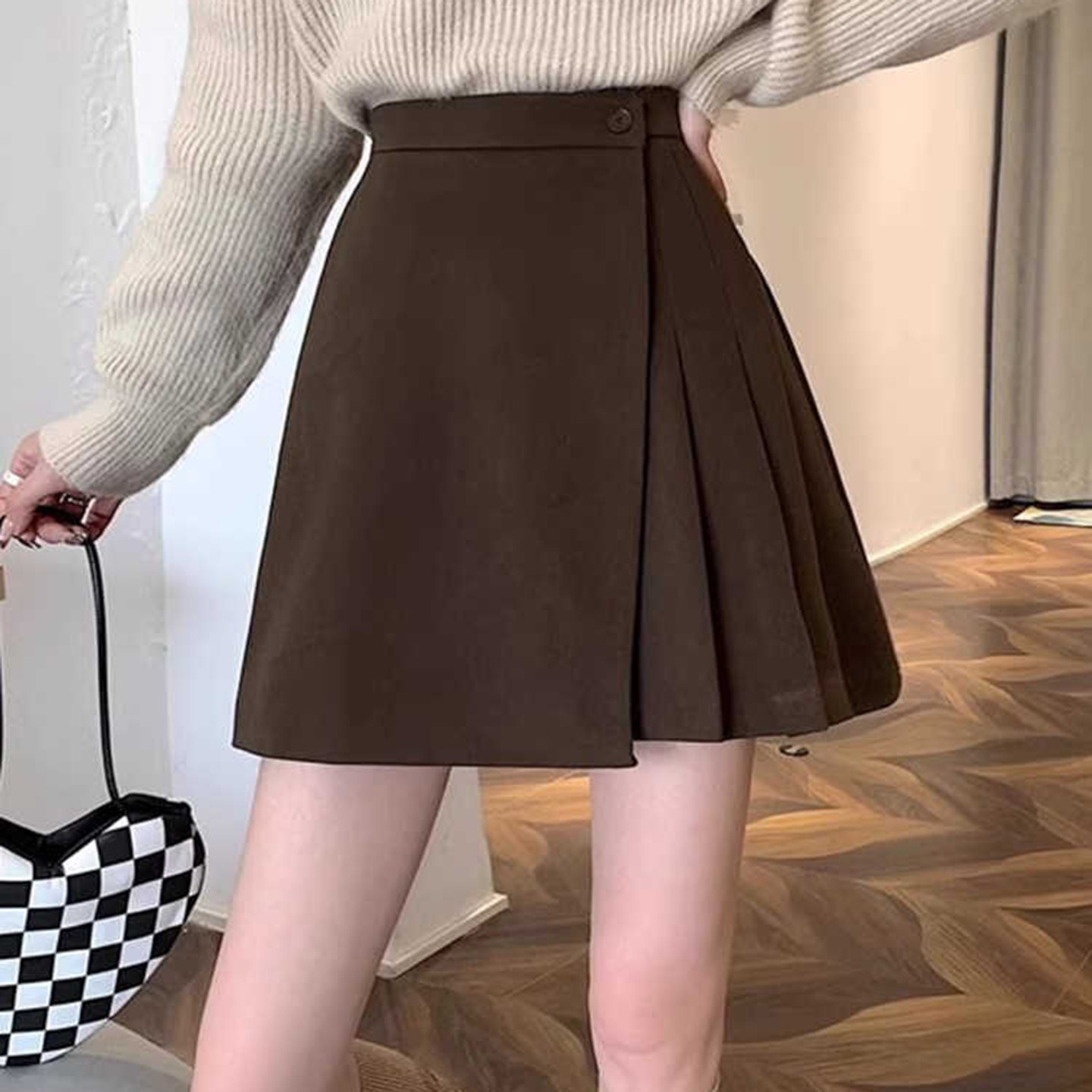 咖色毛呢气质半身裙女秋冬新款高腰显瘦a字短裙半裙防走光百褶裙