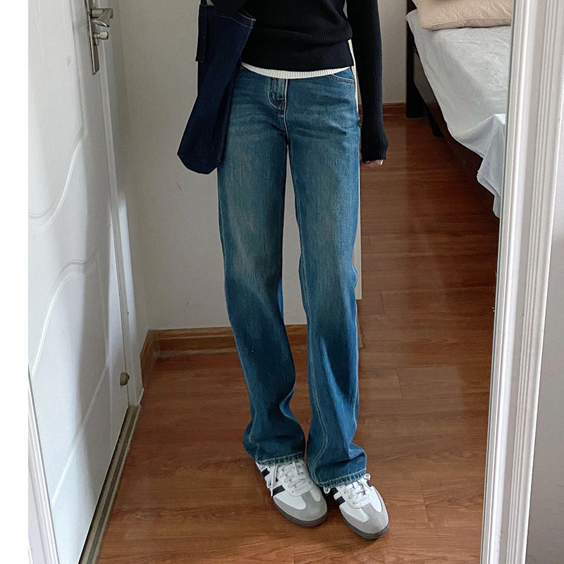 窄版阔腿牛仔裤女春秋高腰宽松垂感拖地裤长裤复古百搭休闲直筒裤