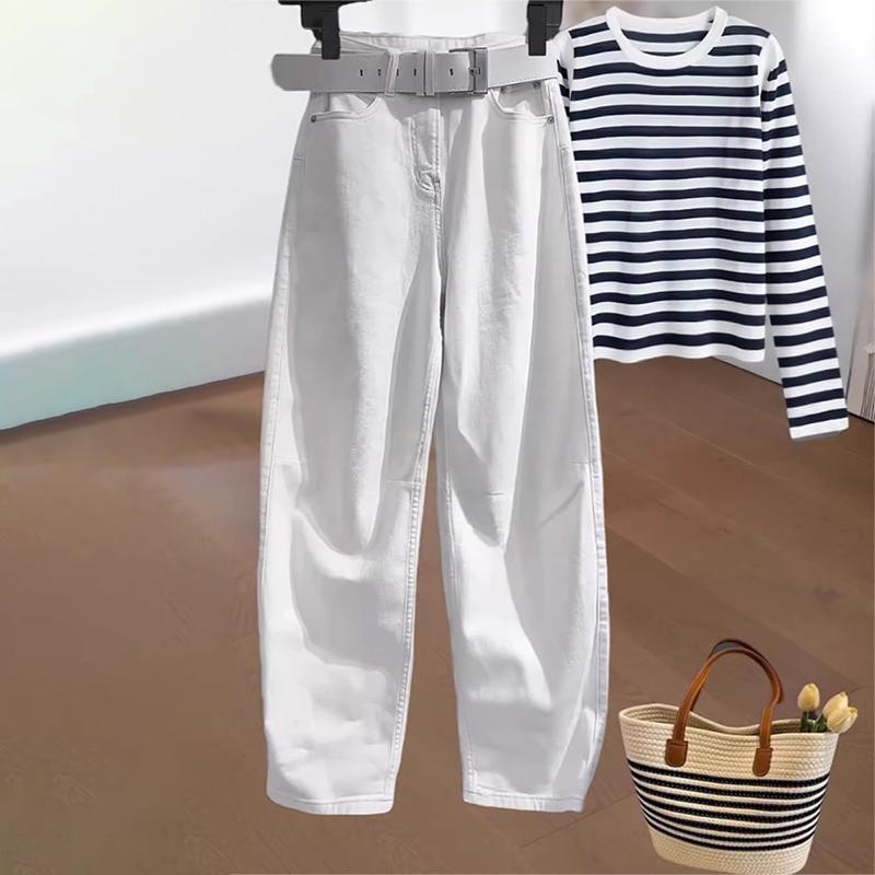 夏季白色弯刀牛仔裤女大码窄版直筒裤高腰遮胯显瘦垂感阔腿香蕉裤