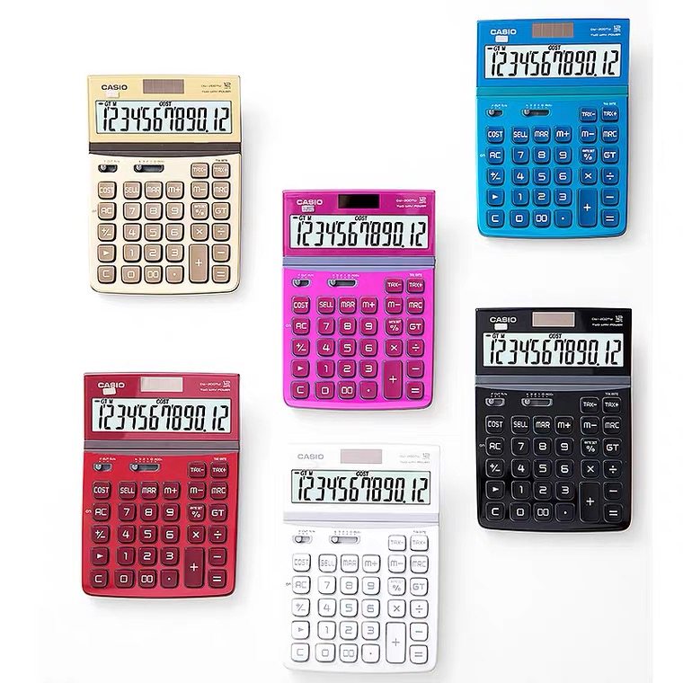 CASIO 카시오 계산기 DW-200TW 다채롭고 매력적인 6색 피아노 페인트 쉐이킹 헤드가 있는 대형 데스크탑 컬러 계산기