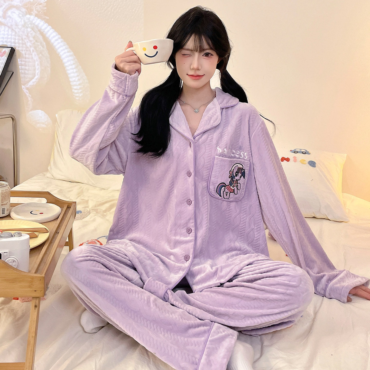 海岛绒睡衣少女士秋冬季薄款