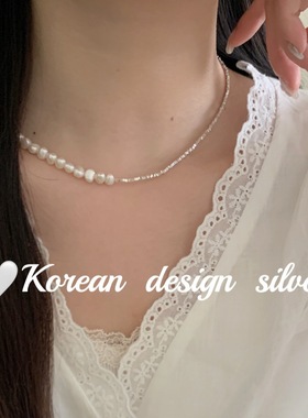 2024款韩国南大门简约银饰品S925纯银ab款天然珍珠爆闪碎银子项链