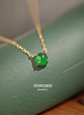 S925纯银镀14K金经典四爪祖母绿圆形项链女小众复古小清新锁骨链