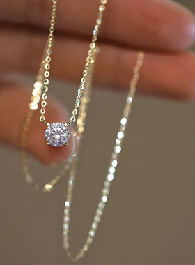 S925纯银镀14K黄金一克拉四爪单钻超闪气质日韩轻奢锁骨链颈链女