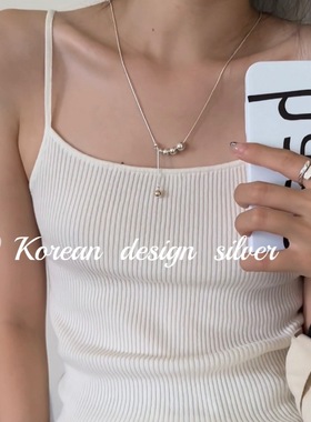 韩国个性设计饰品 S925纯银长款抽拉圆珠毛衣链 简约博主锁骨项链