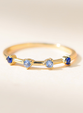 精致小巧小清新渐变蓝色锆石纯银戒指女欧美奢华简约叠戴细款指环