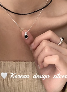 韩国S925纯银黑玛瑙小水滴项链 小众高级感ins风