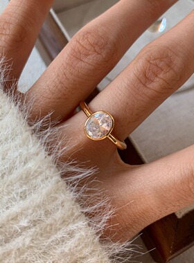 引斯/欧美简约气质百搭椭圆S925银镀金镶钻开口戒指通勤时髦手饰