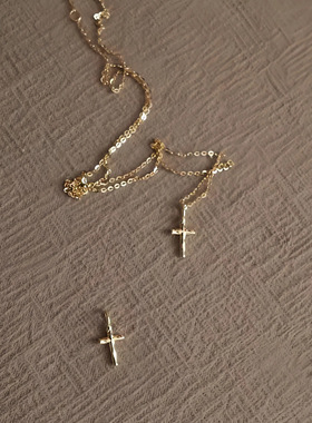 S925纯银镀14K金十字架项链女凹凸迷你复古轻奢高级感气质锁骨链