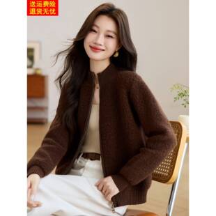 2025新款秋冬加厚100纯羊毛衫女爆款宽松拉炼咖色羊羔绒毛衣外套