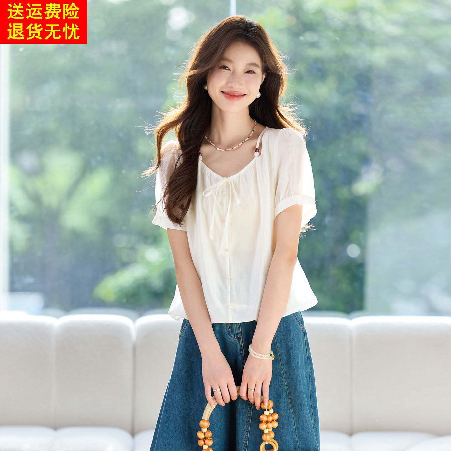 温柔甜美风夏季宽松透气天丝短袖衬衣小个子时尚百搭减龄雪纺小衫