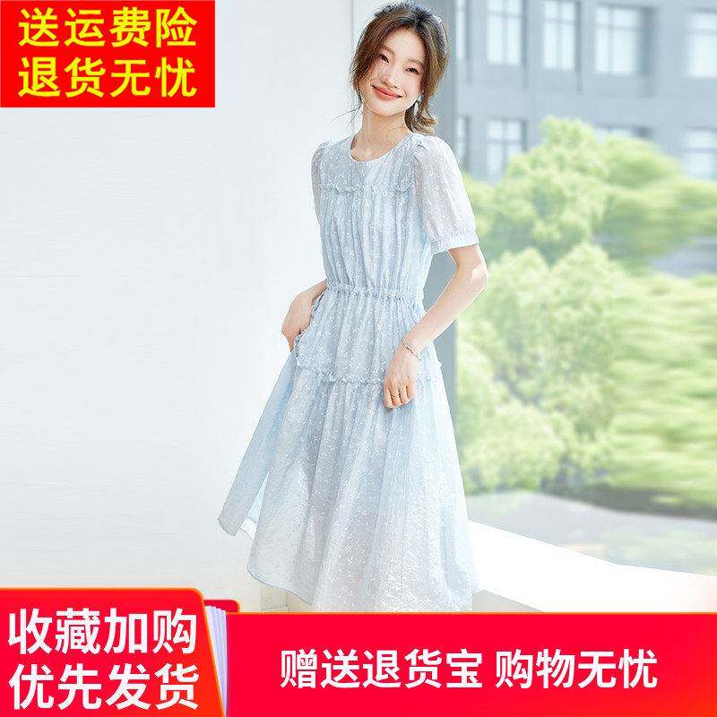 高端气质天丝短袖连衣裙女夏新款圆领中长款抽绳宽松显瘦碎花裙子