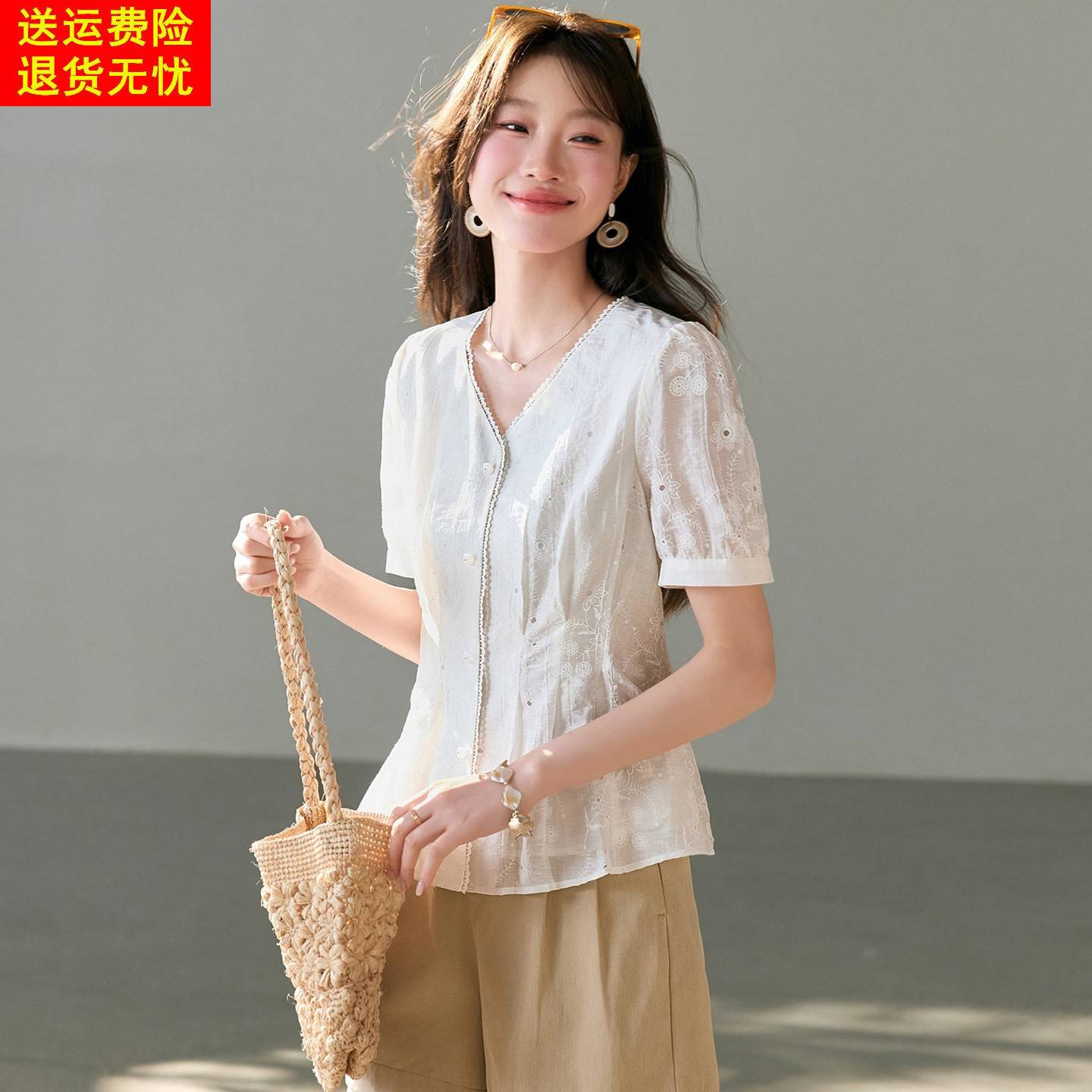 莱赛尔天丝法式短袖上衣女2026年夏季新款轻奢高级感蕾丝袖v领t恤
