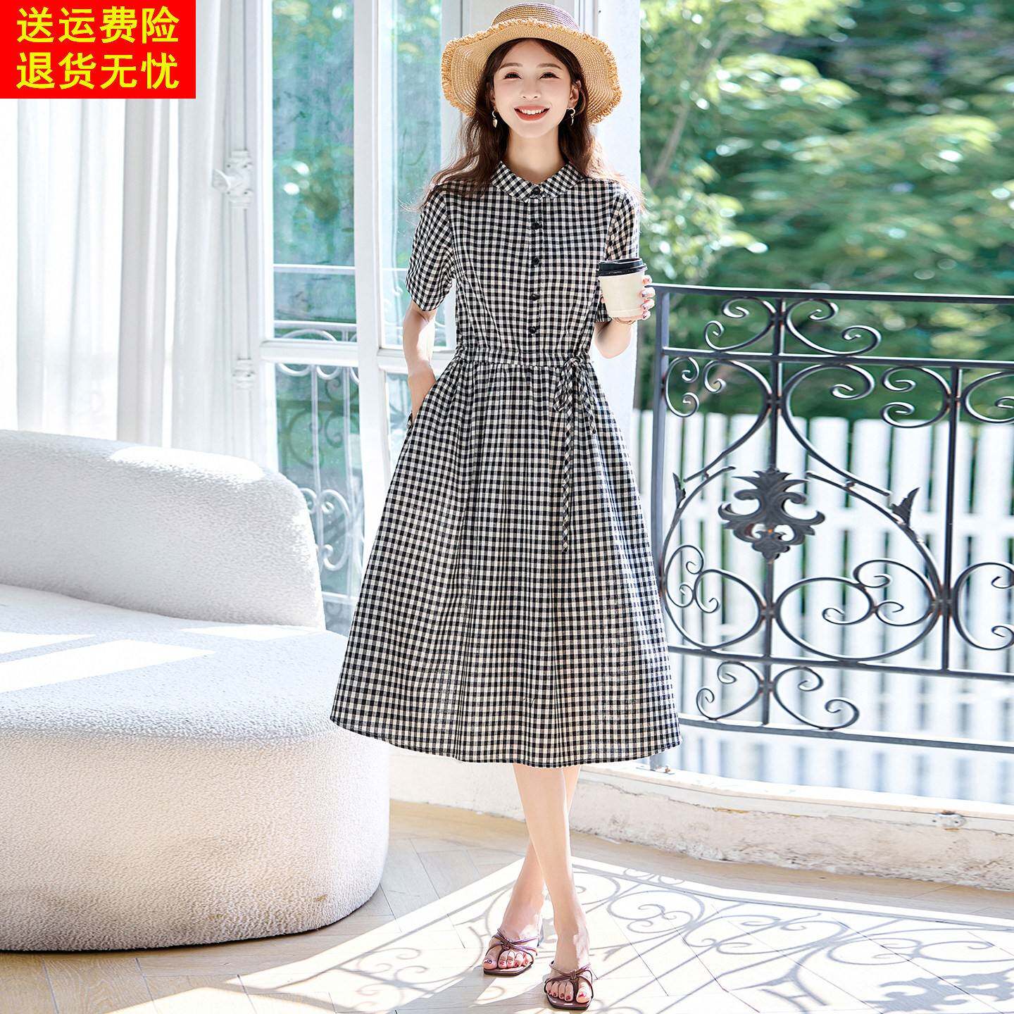 设计感格子棉麻连衣裙女2026新款夏季收腰显瘦中长款翻领衬衫裙子