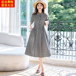 设计感格子棉麻连衣裙女2026新款夏季收腰显瘦中长款翻领衬衫裙子