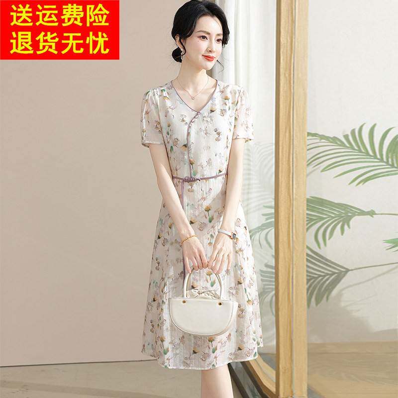 夏季新中式真丝洋装女新款小个子洋派中年妈妈夏天桑蚕丝碎花裙