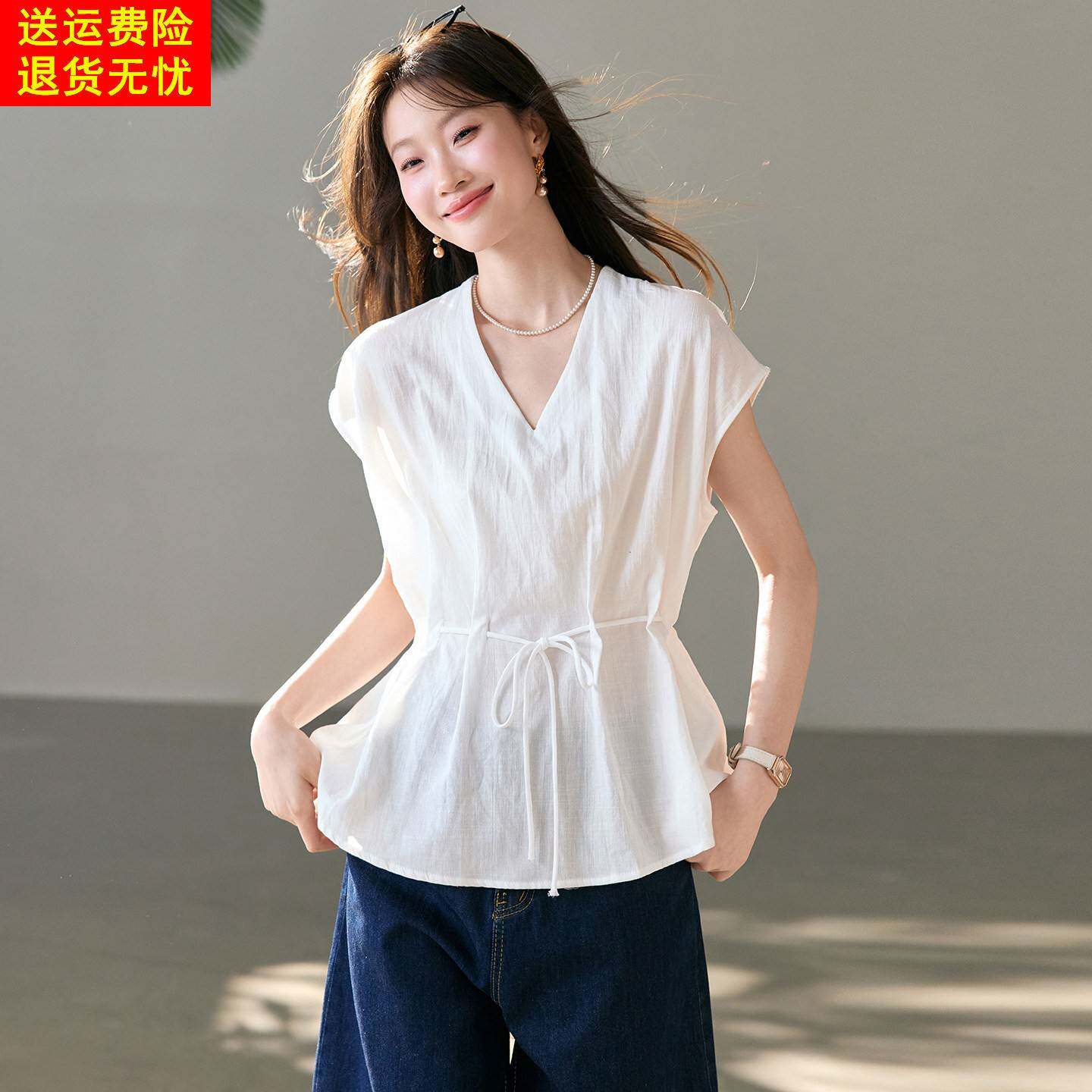 短袖t恤女夏季2026年新款超火减龄百搭系绳收腰显瘦无袖小衫上衣
