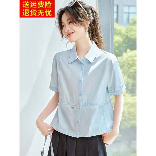 2025新夏季热风格翻领桑蚕丝衬衫女士优雅的丝绸短袖衬衫上衣