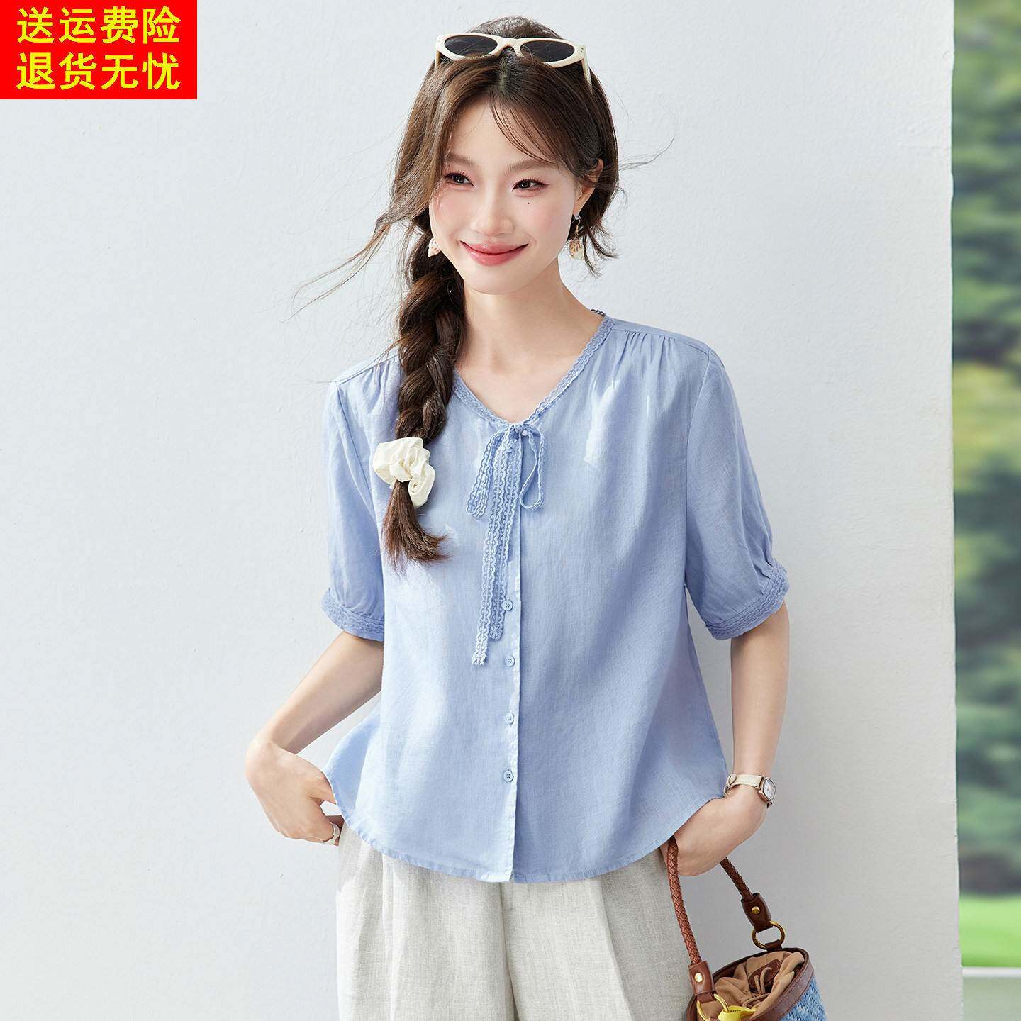 亚麻短袖衬衫女款2026夏季新款轻奢高级感超火减龄上衣设计感小衫