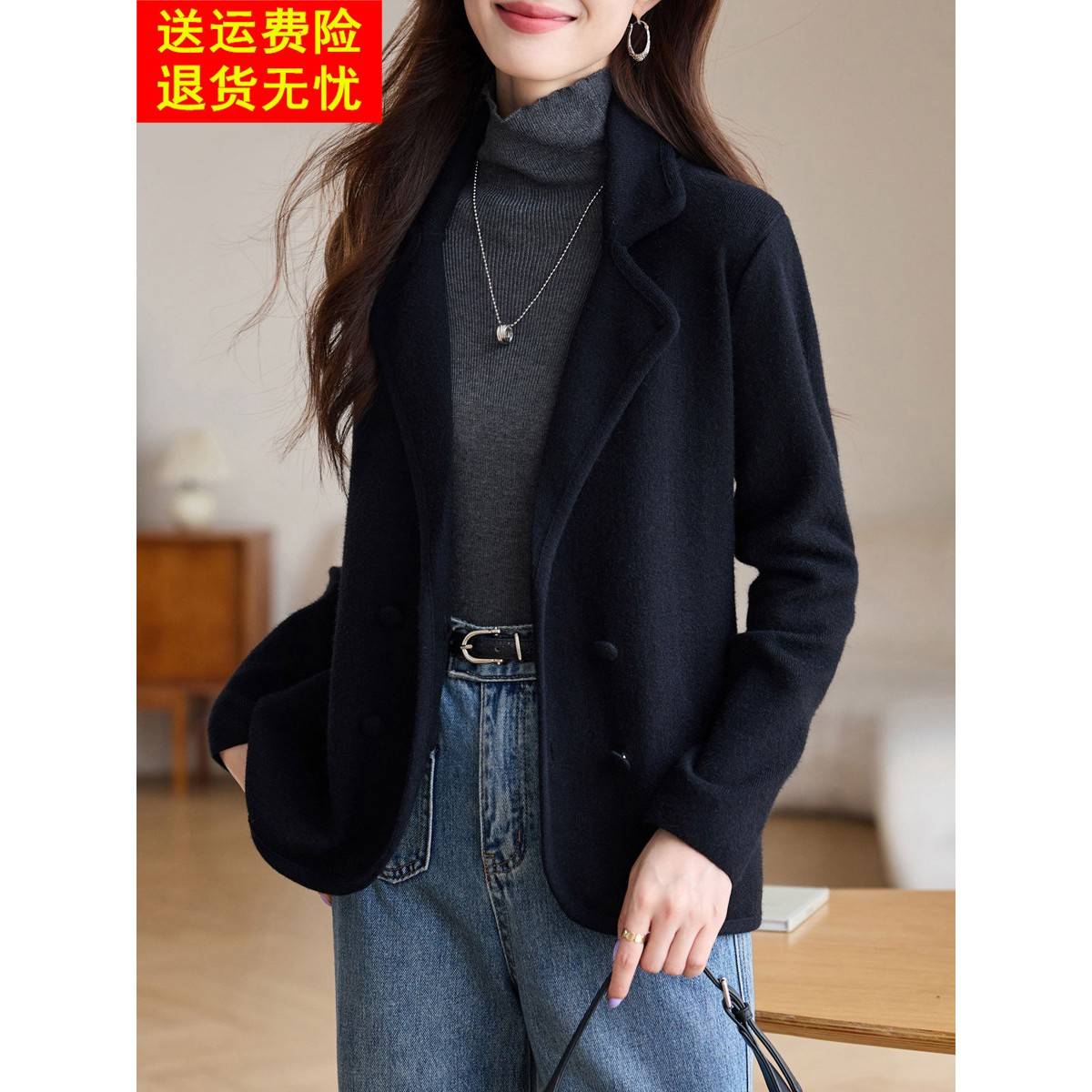 2025新秋季服装职场短薄西装夹克Yujie针织黑色修身时尚上衣为妇