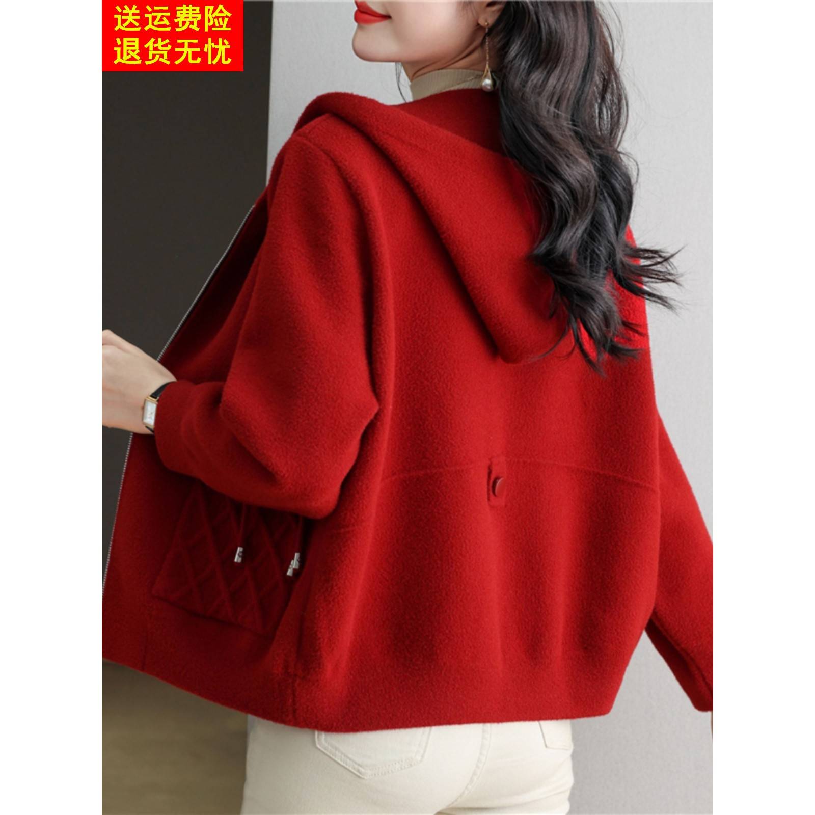 红色连帽棒球服短外套女春秋2025年新款宽松加厚拉链夹克开衫卫衣