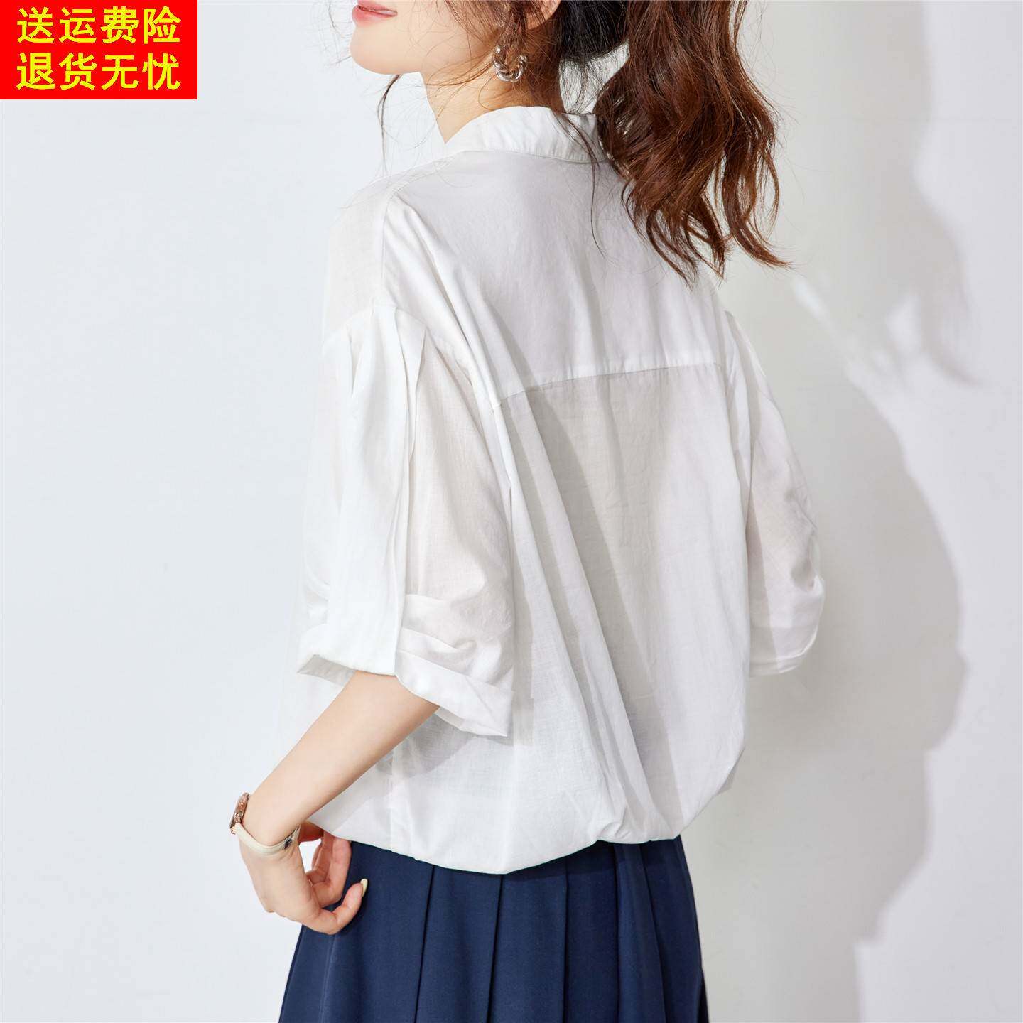 翻领短袖白衬衫上衣收腰衬衣2026夏季新款微胖慵懒灯笼袖T恤宽松