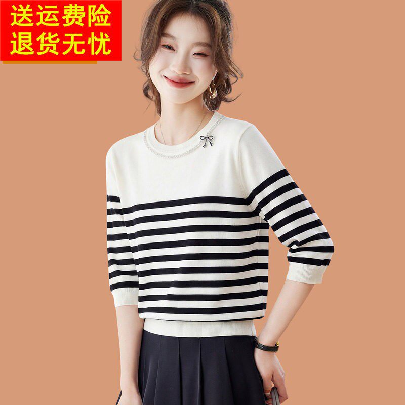 条纹真丝短袖女t恤2026夏新款蝴蝶结冰丝针织衫小香风上衣配裙子