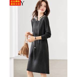 2025冬季新款系带收腰轻熟针织连衣裙中长款打底时髦软糯裙子女装