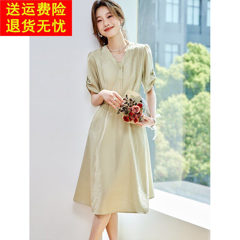 法式超火减龄洋装女2026新款夏季小个子a字收腰显瘦泡泡袖裙子