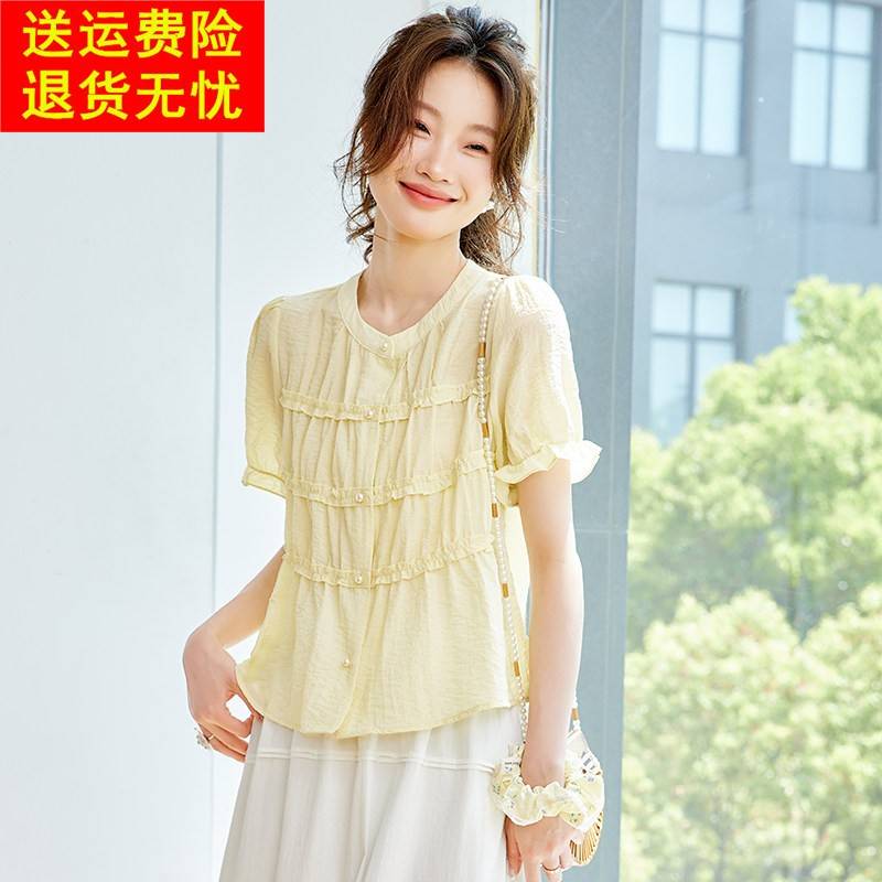 2025夏季新款漂亮杭州真丝桑蚕丝木耳边气质女士上衣短袖衬衫女