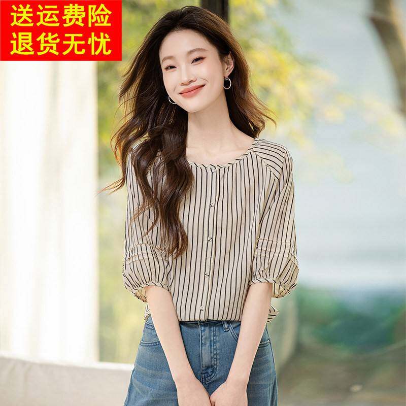 法式别致圆领条纹短袖衬衫女夏2026新款小个子高级感雪纺中袖上衣