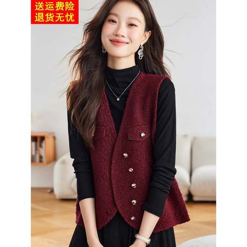 小香风无袖马甲女红色2026新款春季针织叠穿背心时尚马夹外套上衣