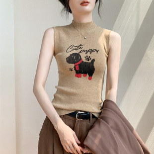 修身 气质小狗印花针织衫 新款 背心女2025秋季 羊毛内搭打底上衣 无袖