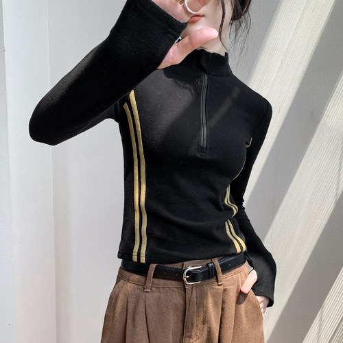半高领拼色杠条设计感长袖t恤女