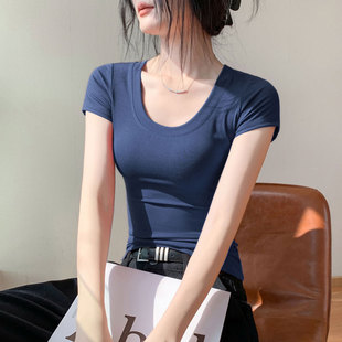 歌倍尚正肩大圆领短袖 显瘦简约露锁骨百搭上衣 T恤女2025夏季 修身