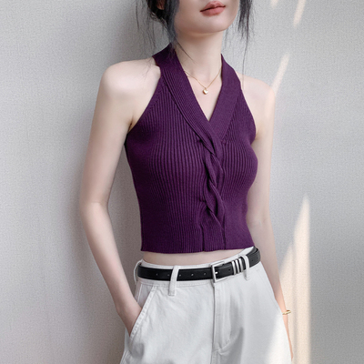 法式挂脖扭结设计无袖背心女上衣