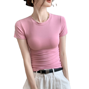 歌倍尚粉色短袖t恤女2026夏新款修身圆领百搭打底衫正肩内搭上衣