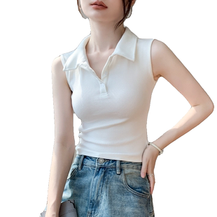 美式辣妹风无袖背心女2025春季新款Polo领短款打底衫纯色内搭上衣