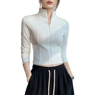 半高领拉链长袖针织衫女2025春新款白色开衫正肩外套短款T恤上衣