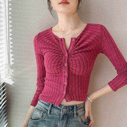 树莓色长袖针织衫女2024春季新款设计感修身显瘦纽扣开衫T恤上衣