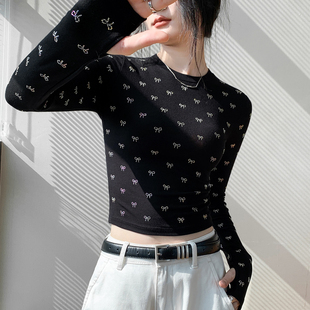 圆领蝴蝶结烫钻套手指长袖T恤女秋季新款修身显瘦上衣内搭打底衫