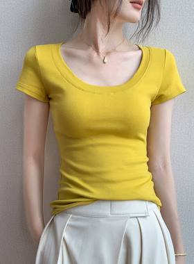 低领短袖T恤女2025夏季新款修身显瘦露锁骨黄色百搭纯棉半袖上衣