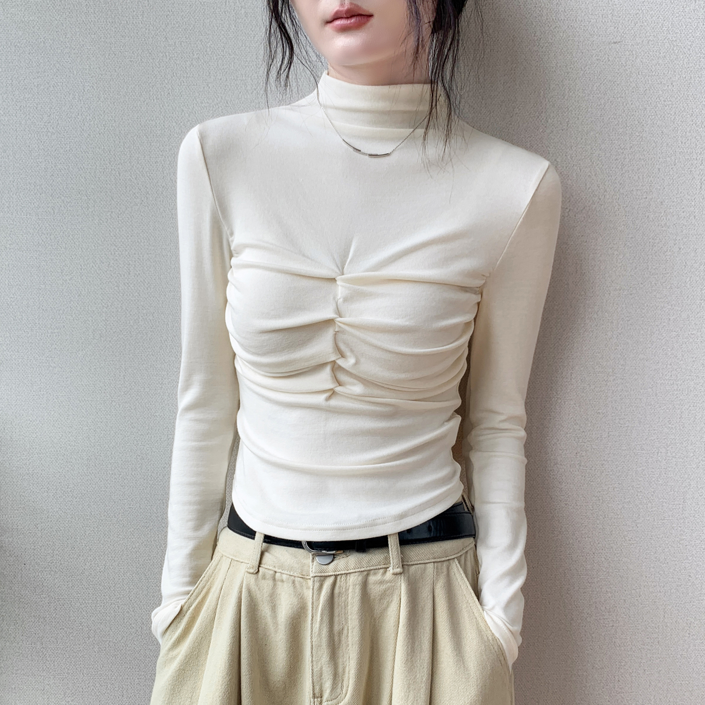 半高领抽皱设计感长袖T恤女上衣
