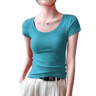 大圆领短袖T恤女2025春夏新款棉露锁骨性感修身掐腰显瘦纯色上衣