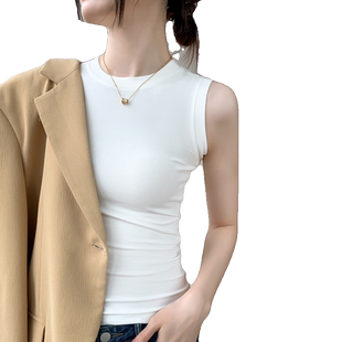 纯白色吊带背心女秋薄款圆领紧身内搭遮副乳莫代尔无袖T恤打底衫