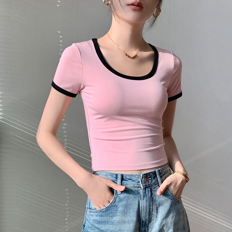 撞色圆领正肩修身短袖T恤女