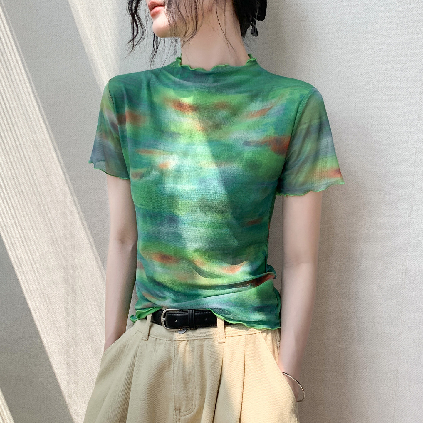 荷叶边扎染印花网纱短袖T恤女2026春季新款内搭超火减龄上衣外穿