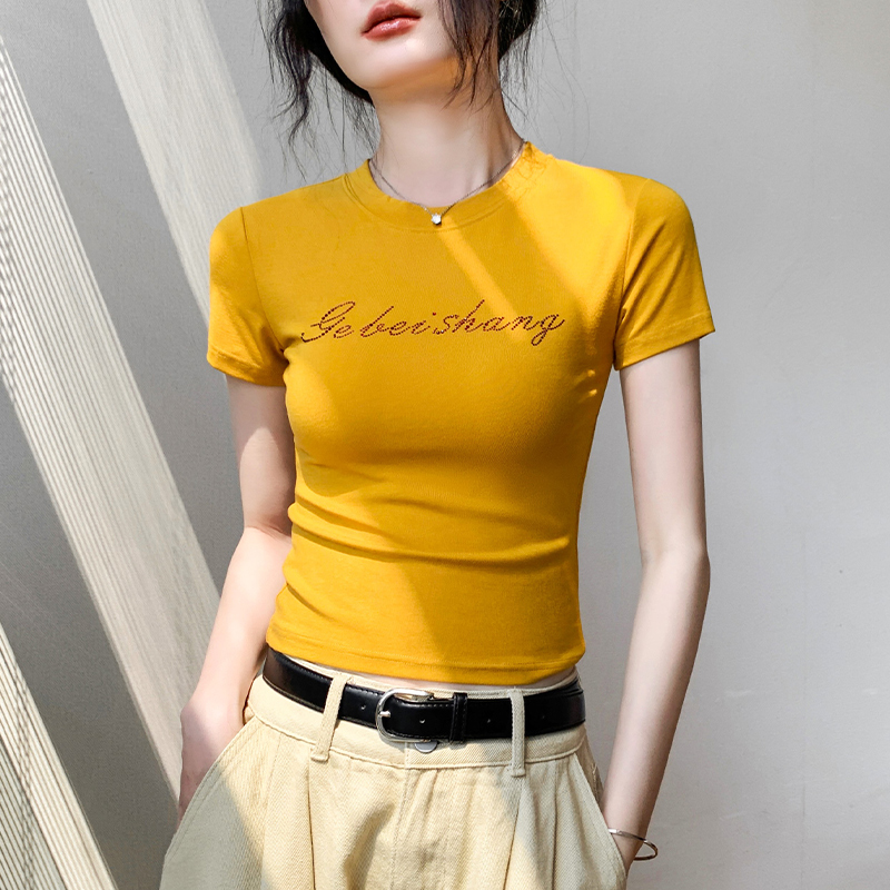 字母烫钻印花短袖圆领正肩T恤女